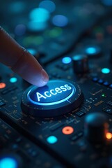 Poster - A finger presses a prominent blue glowing button labeled 
