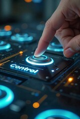 Poster - A finger presses a glowing blue control button on a sophisticated electronic interface, signifying activation and technological command, vertical composition.