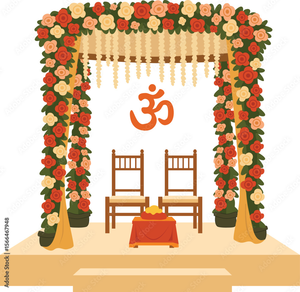 Hindu Wedding Mandap with Om Symbol Floral Indian Marriage Ceremony Stage  Illustration Stock Vector | Adobe Stock, image size:1000x976