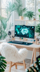 Poster - Home office setup with computer and plants for a calming work environment