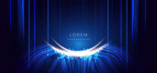 Poster - Scene glownig blue wave lines with lighting effect and sparkle on dark blue background.