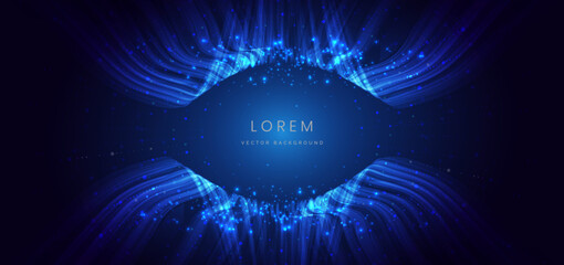 Poster - Blue glowing wave lines with lighting effect and sparkle on dark blue background. Technology futuristics concept.