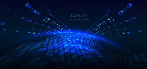 Poster - Technology futuristic glowing lines neon blue light ray on dark blue background with square pattern digital element.