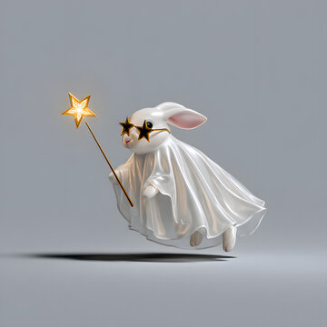 Rabbit Figure with Shiny Cape and Star Wand Hovers in Mid-Air