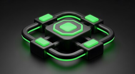 Fototapete - Futuristic, geometric, glowing structure with interconnected components, set against dark background.