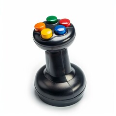 Poster - Black retro joystick with colorful buttons isolated on white background, representing vintage gaming and entertainment