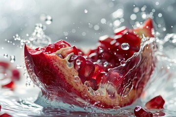 Poster - Fresh pomegranate piece making a splash in clean water, with droplets and ripples, showcasing its vibrant red seeds