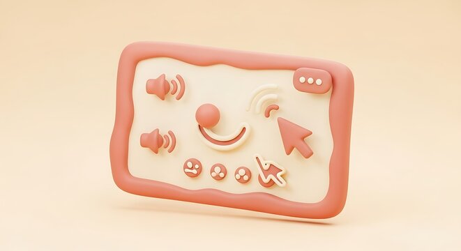 A 3D rendered interface, featuring audio controls, cursor and a menu button.