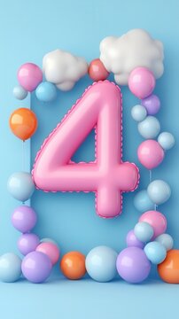 Festive number four floating among colorful balloons, soft clouds hovering against bright blue backdrop in playful 3d rendering