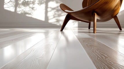 Poster - Bright white vinyl flooring plank gleaming near wooden chair, highlighting minimalist interior with soft natural lighting