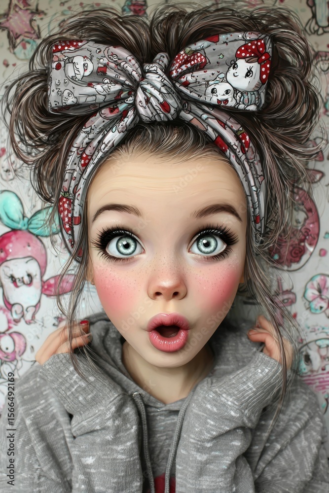 A little girl with a big bow on her head Stock Illustration | Adobe Stock