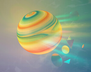 Poster - A colorful abstract sphere floats with geometric shapes