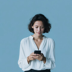 Poster - Connected Communication: A modern professional woman, captivated by the allure of her smartphone, navigates the digital realm.