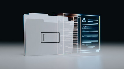 Fototapete - Digital Files: A futuristic representation of digital file storage and management, showcasing transparent folders and documents, symbolizing modern data organization and technological advancement.