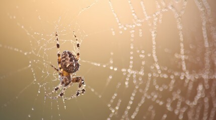 A spider sits in the center of a spider web covered in water droplets