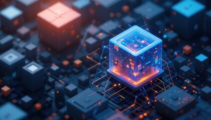 Poster - The graphic design element and abstract geometric background with isometric digital blocks. Blockchain concept and modern technology, showing tech advancements