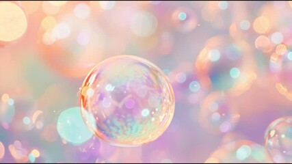 Poster - Rainbow soap bubbles gently drifting across pastel background, creating ethereal, magical scene with iridescent, delicate luminosity and soft shimmer
