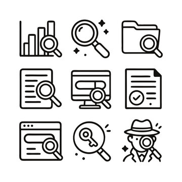 A collection of nine outlined icons depicting search, analysis, and investigation concepts.