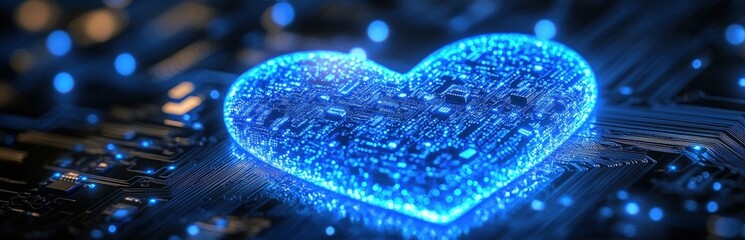 Aufkleber - A glowing blue heart made of digital circuitry symbolizes the fusion of technology and emotion on a dark circuit board background.