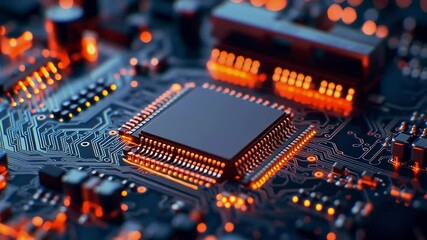 Poster - A close up of a computer chip with a lot of orange lights. The chip is a microprocessor and is surrounded by other electronic components. Concept of complexity and sophistication
