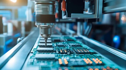 Poster - A computer chip is being manufactured with a drill. Concept of precision and technical expertise