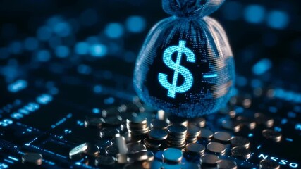 Poster - A digital image of a dollar bill is displayed on a computer screen. The image is of a black bag with a dollar bill inside, and the dollar bill is lit up with a blue glow