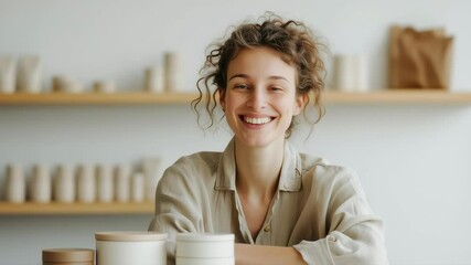Poster - A woman is smiling and sitting in front of a shelf full of ceramic items. She is wearing a tan shirt and she is happy