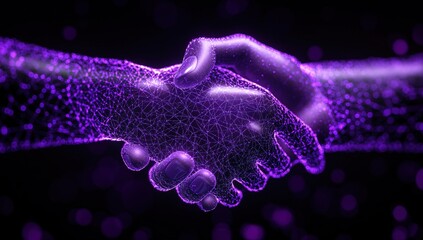 Poster - Two digital hands formed by interconnected purple dots and lines engage in a handshake, symbolizing technology-driven collaboration and connection.