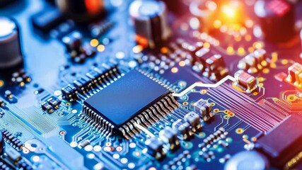 Poster - A close up of a computer chip. The chip is blue and has a white label on it