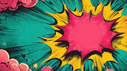 Poster - A vibrant comic-style explosion with bold yellow, red, and teal colors, surrounded by dynamic lines and pink clouds, evoking action and excitement.
