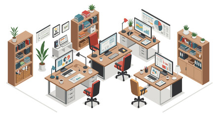 Poster - Modern office workspace vector illustration in isometric style for business and design concepts