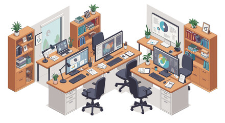 Poster - Modern office workspace with technology and bookshelves vector illustration for design projects