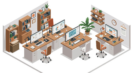 Poster - Isometric vector illustration of modern office workspace for design and branding
