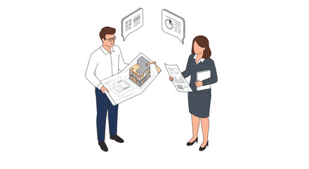 Poster - Architectural meeting vector illustration: business professionals discussing blueprints in flat style