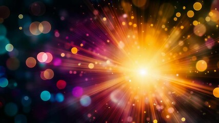 Poster - A bright yellow light is shining through a blurry background of colorful dots. Concept of energy and excitement, as if the light is bursting through the darkness and illuminating the scene