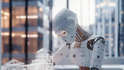 Aufkleber - A robot is sitting at a desk with a building model in front of it. The robot appears to be working on the model, possibly designing or building it. Concept of technology and innovation