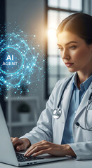 Poster - Female doctor utilizing artificial intelligence agent for medical diagnosis on a laptop computer