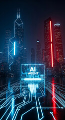 Poster - Futuristic ai agent concept in a cyberpunk cityscape with glowing circuitry and skyscrapers