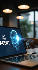 Poster - Futuristic ai agent concept shown on laptop screen with hand interacting in a modern environment