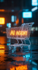 Poster - Futuristic glowing shopping cart labeled ai agent reflecting in wet pavement night scene
