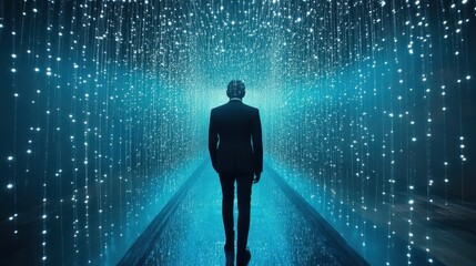 Poster - Man in Suit Walking Through Ethereal Light Tunnel with Sparkles