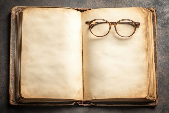 High Definition View of Open Vintage Book Notepad with Blank Pages and Glasses