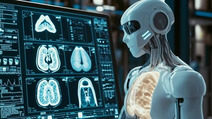 Aufkleber - A robot is looking at a computer monitor with a human body on it. The robot is wearing a white helmet and has a robotic arm. The computer monitor shows a human body with a heart and lungs