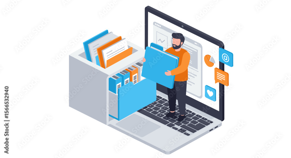 Man organizing digital files on laptop vector illustration with folder icons, suitable for office management and technology themes in isometric style