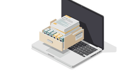 Poster - Isometric vector illustration of file management with documents drawer on laptop for digital organization design