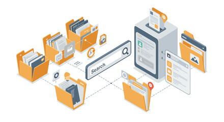 Fototapete - Isometric search engine and file management vector illustration for technology and data organization design