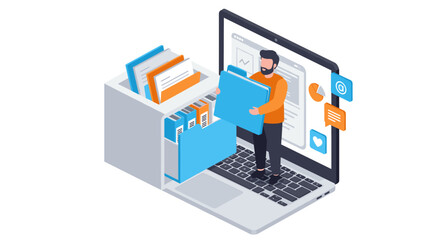 Poster - Man organizing digital files on laptop vector illustration with folder icons, suitable for office management and technology themes in isometric style