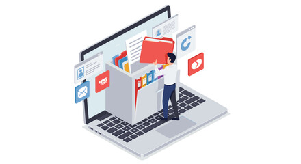 Poster - Digital file management vector illustration: organizing documents and data for efficient storage in a digital workspace