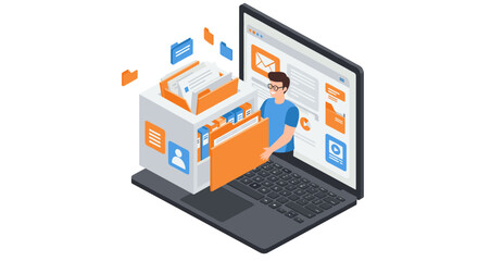 Poster - Digital data management vector illustration: isometric office organization concept for business design
