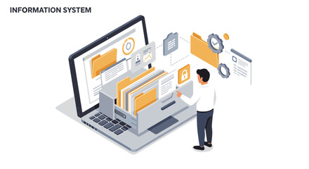 Fototapete - Information system management vector illustration in isometric design for data organization and security concepts